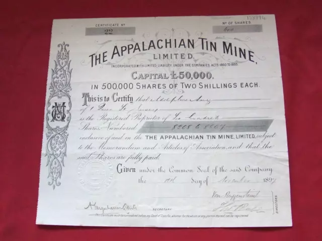 Share Scrip - Mining. 1897 Appalachian Tin Mine Ltd.. (Tasmania)