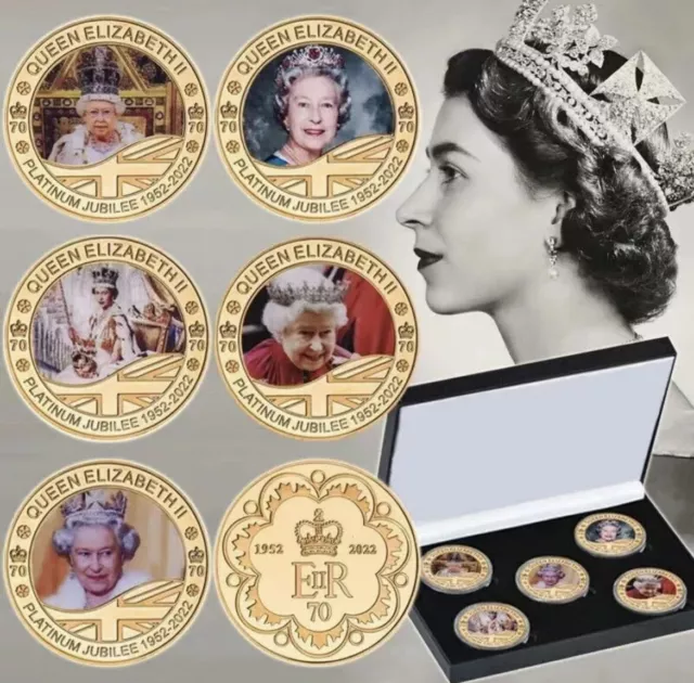 Platino Aniversario Reina Elizabeth II Monedas Juego Caja, Oro Reina Isabel