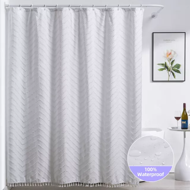 100% Waterproof Liner BOHO Shower Curtain with Tassel for Bathroom White Fabric 2