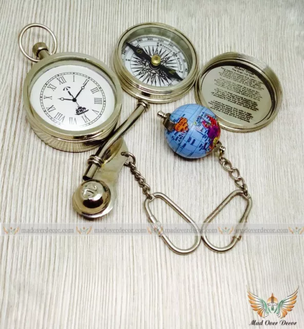 Chrome Finish Gift Set Of 2 Key Chain, Compass, Paper Weight Watch Decor Item