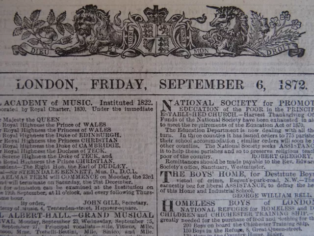 1872 THE LONDON TIMES Friday 6th September 1872 Antique Victorian Newspaper