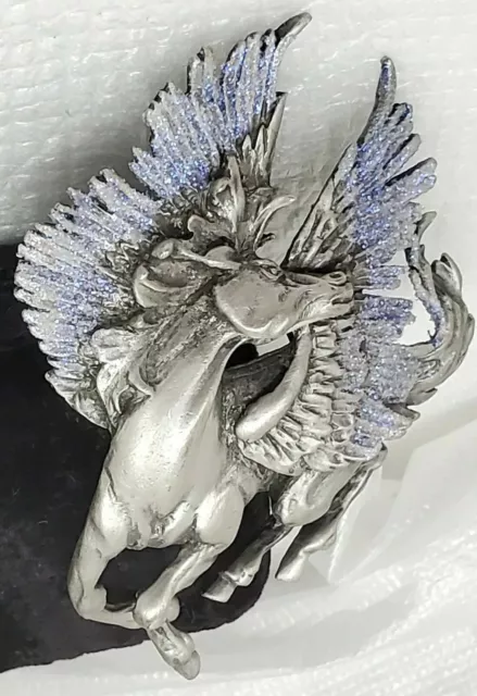 Vintage JJ Signed Mythical Pegasus Horse Blue Glittery Accent Pewter Brooch Pin 2