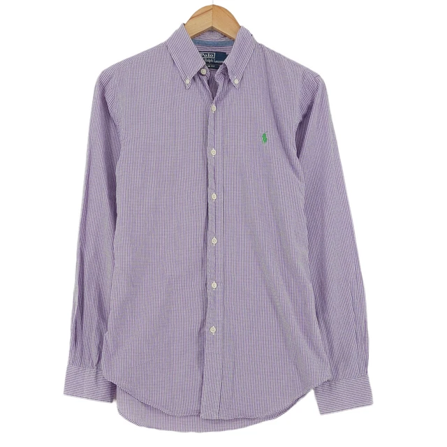 Polo Ralph Lauren Slim Fit Quadri Viola Camicia Manica Lunga Uomo TAGLIA S