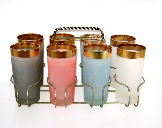 Mid Century Set of 8 Color Frosted Glass Beverage Tumblers with Carry Rack
