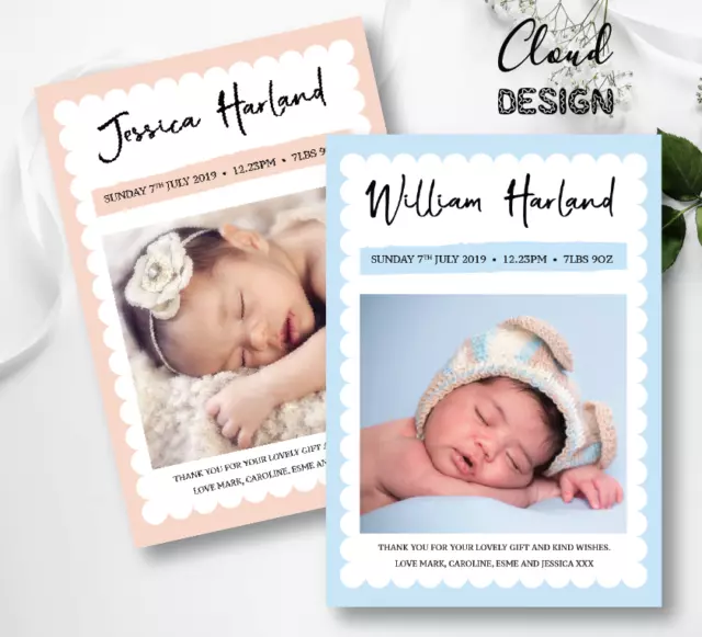 10 Personalised Photo New Baby Thank You Cards / Photo Birth Announcement Cards