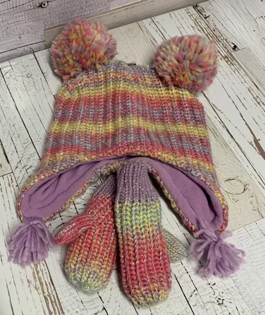 Hat & Mittens Set Girls 4T / 5T Multicolor NWT POM POM The Childrens Place