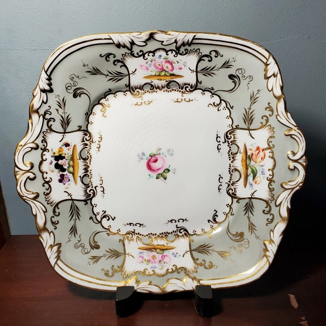Early British Coalport Floral Gray Pink & Gold Gilt Porcelain Tray c. 1830s