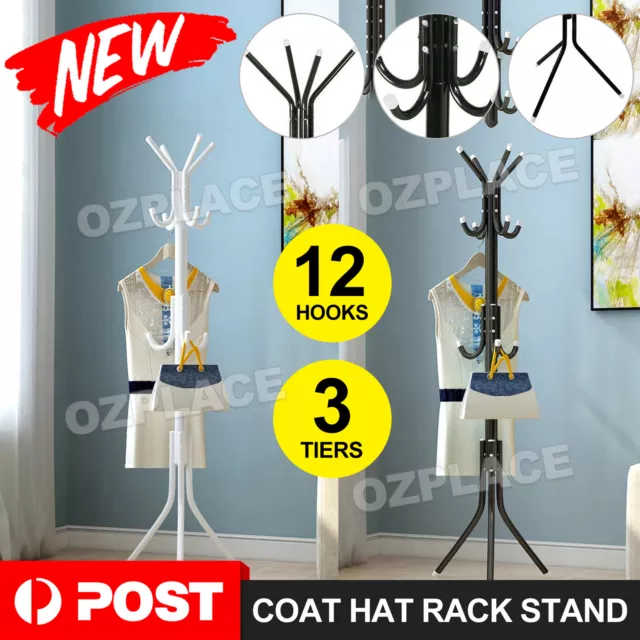 12 Hook Cloth Hanger Stand Hat Clothes Rack Metal Tree Style Storage HOT