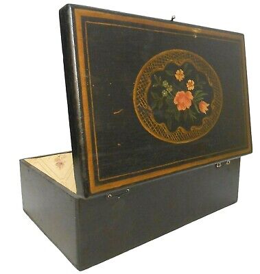 Mid-19Th C American Antique Primitive Wood Box W/Hnd Pntd Floral Lid/Brass Latch