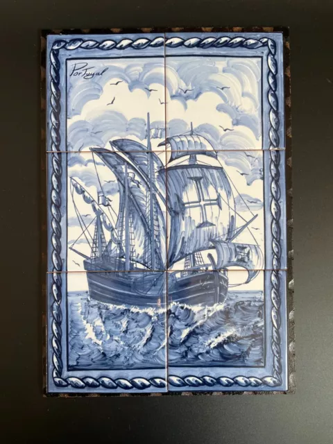 Vtg Hand Painted Caravel Sailing Ship Portuguese Azulejos Tile Mural Wall Plaque