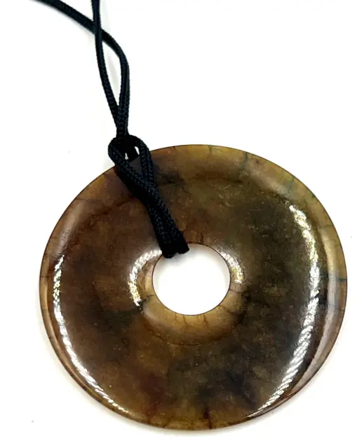 Antique Chinese Art Deco Very Large Rare Brown Jade Disk Pendant on Cord