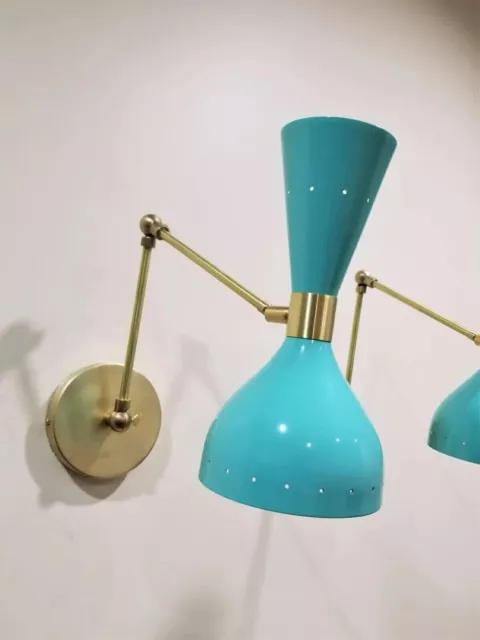 "Ludo" Wall-Mount Reading Lamp in Brass & Aqua Blue Enamel Italian Modern Lamp 3