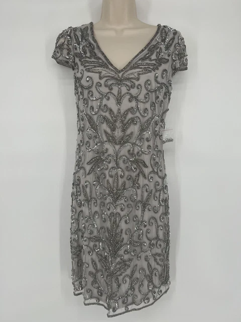 Women’s Pisarro Nights Beaded Cap Sleeve Cocktail Dress Silver Size 4