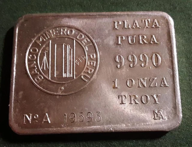 PERU - Banco Minero Del Peru 1 Troy Oz .999 Fine Silver Ingot - UNCIRCULATED