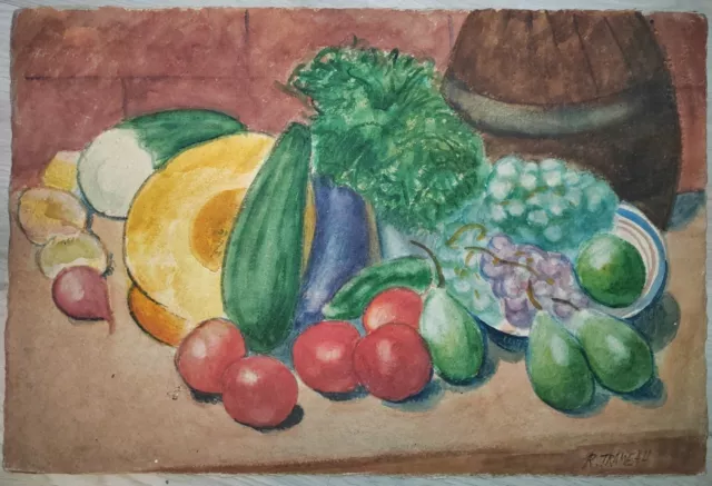 Peinture tableau HST Gouache Nature Morte Légumes Fruits Signé raymond Trameau