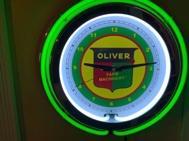 Oliver Farm Tractor Barn Garage Man Cave GREEN Neon Advertising Wall Clock Sign