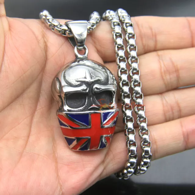 Large Men's Stainless Steel UK British Union Flag Skull Mask Pendant Necklace