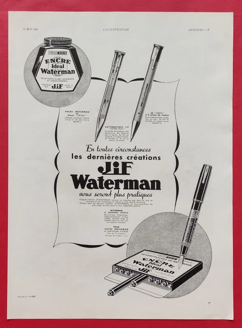 Publicité de presse Stylo et encre JIF WATERMAN Mai 1940