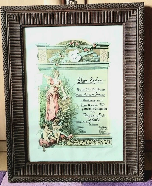 Antikes Hinterglasbild Ehrendiplom Jugendstil Bild Holzrahmen Massiv