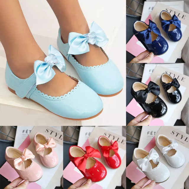 Kids Baby Infants Girls Ribbon Bow Spanish Wedding Party Patent Toddler Shoes