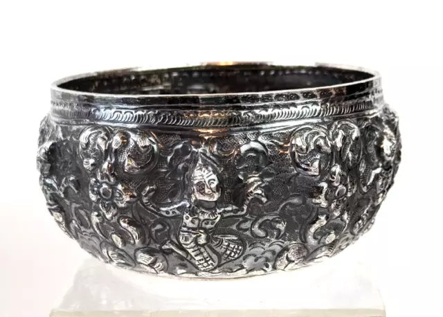 Antique 19th Century Handmade Burmese Thabeik Thai Repousse Solid Silver Bowl
