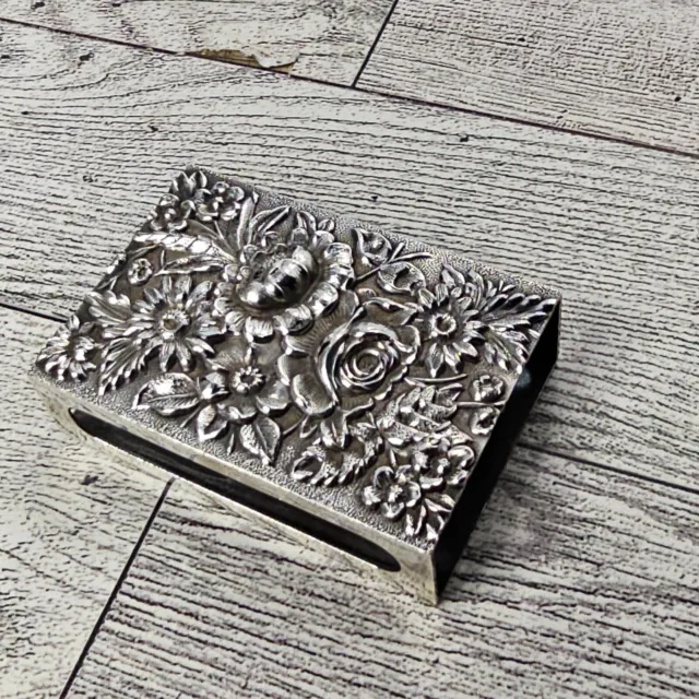 S Kirk & Son .925 Sterling Silver "24" Repousse Floral  Match Box Holder Safe