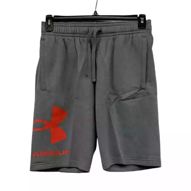 NWT Sz M Mens Under Armour Logo Sweat Shorts. Gray With Orange Script