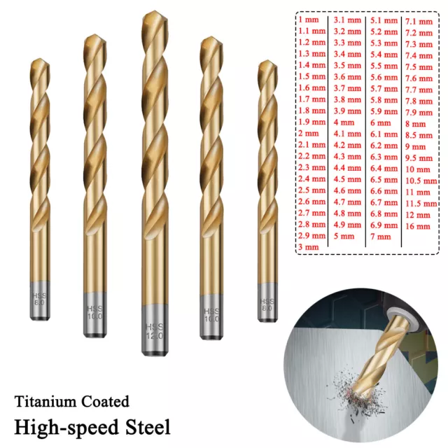 Ø 1mm to 16mm Electric Twist Drill Bits Titanium Coated HSS Steel Straight Shank