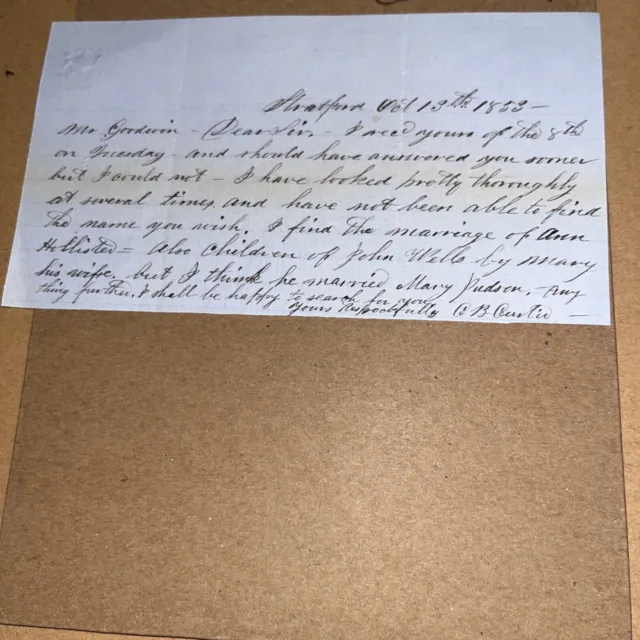 1853 Stratford Letter to Famous Hartford CT Genealogist: Ann Hollister Genealogy