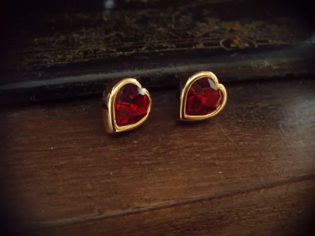 Vintage Gold Heart with Ruby Red Crystal Pierced Earrings 2