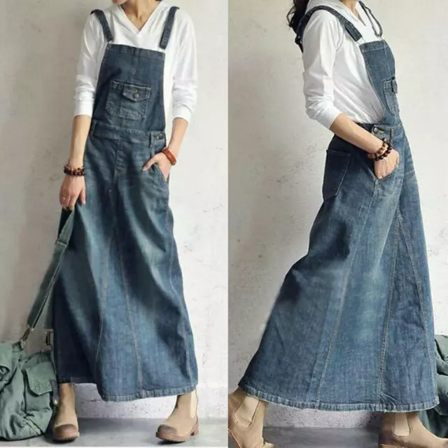 Womens Maix Suspender Jeans Overall Long Skirt Denim Full Length Dresses Loose