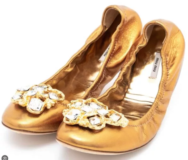 Miu Miu Metallic Gold Leather Crystal Embellished Scrunch Ballet Flats Size 41