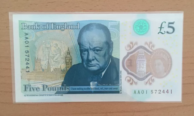 £5 Banknote AA01 572441 - Uncirculated with rare Bank of England leaflet