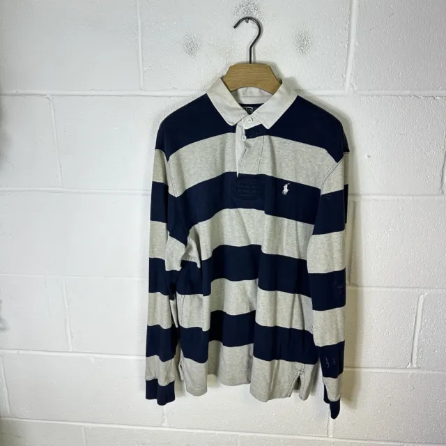 Vintage Ralph Lauren Polo Shirt Mens Large Grey Blue Rugby Pony Colourblock 90s