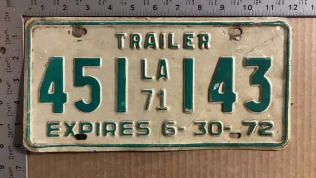 1971 1972 Louisiana trailer license plate 451-143 YOM DMV Ford Chevy Dodge 9881