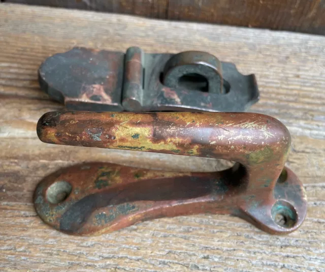 Vintage Solid Brass Door Push Pull Handle + Latch & Hasp ~ Old 19th C Hardware