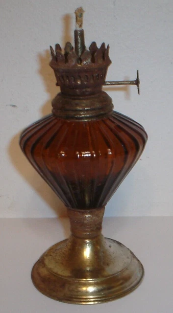 Vintage Small Ribbed Amber Glass Kerosene Oil Lamp w/ Burner & Wick (No Chimney)