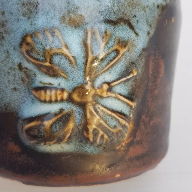 Vintage 1960s 1970s Pottery Blue Glaze Ceramic Vase Bud Insect signed 3