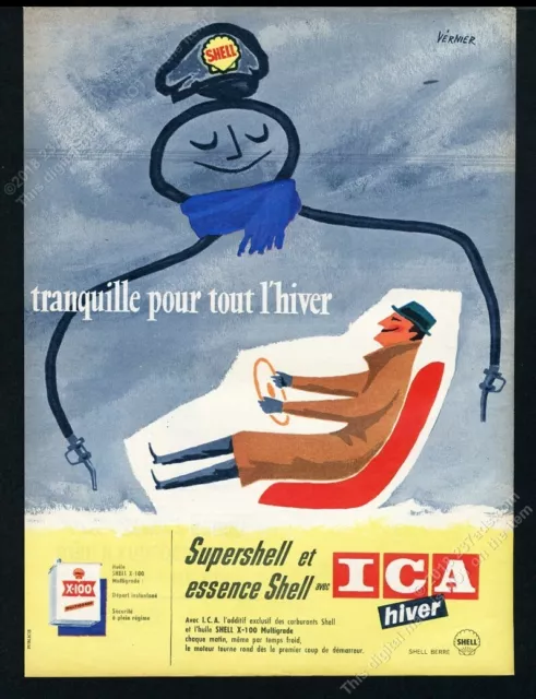 1957 Vernier art gas man & driver Shell oil French vintage print ad