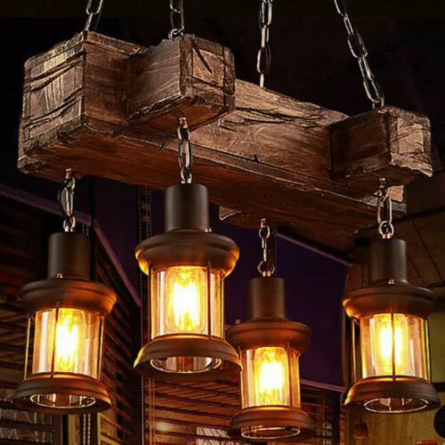 LED Chandelier Pendant Lighting Fixture Wooden Ceiling Light Hanging Lamp Rustic