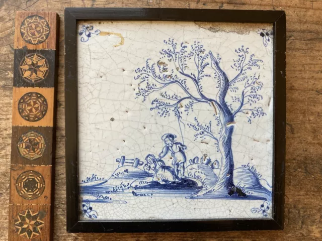 RARE! ANTIQUE 17th CENTURY DUTCH DELFT TILE couple under tree sheperd romance