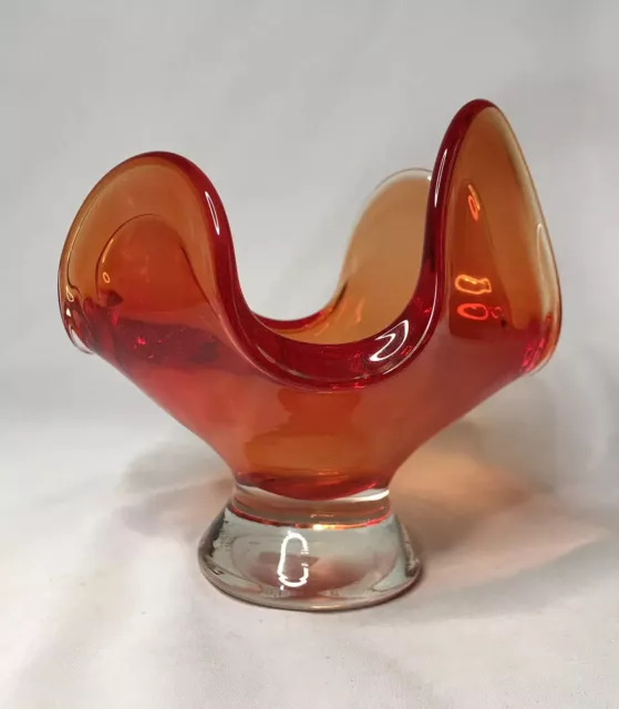 VTG Hand Blown Art Glass Compote Bowl Dish 5.5” Persimmon Orange Pedestal Japan