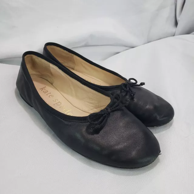 Kate Spade New York Honey Black Leather Ballet Flats Womens 6.5 B Gold Spade Bow