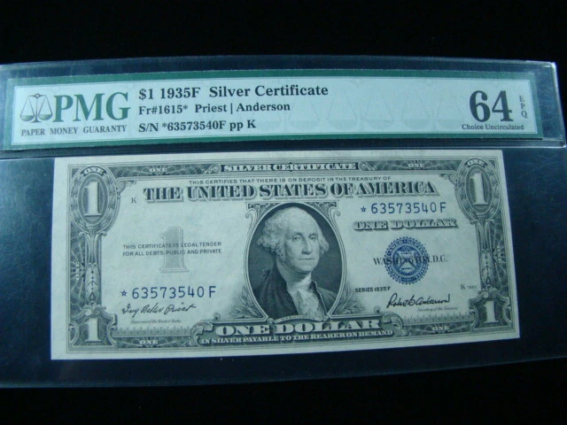 1935F $1 Fr#1615* Star Silver Certificate (*F Block) PMG 64 EPQ Unc. *63573540F