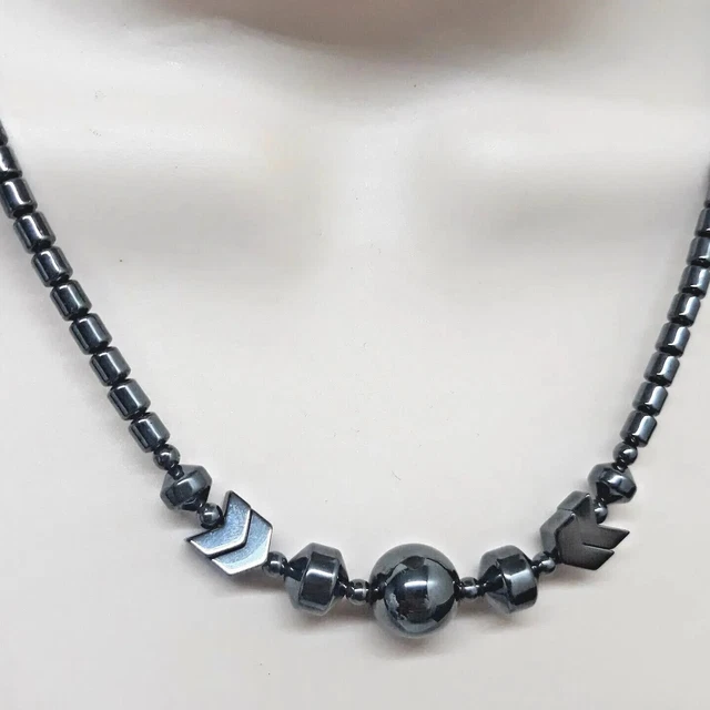 HEMATITE Necklace Round Barrel  Chevron Beads Necklace 18"