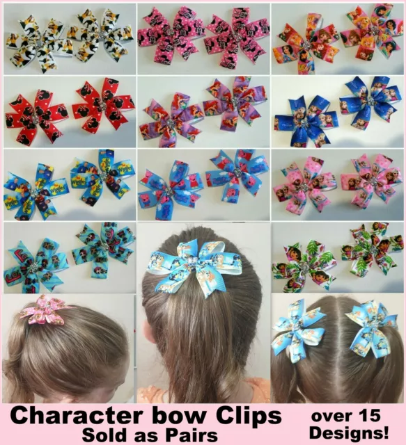 Pair (2) Hair Bow Clips Ribbon Hairclips Minnie Pony Peppa Lol Frozen Barbie