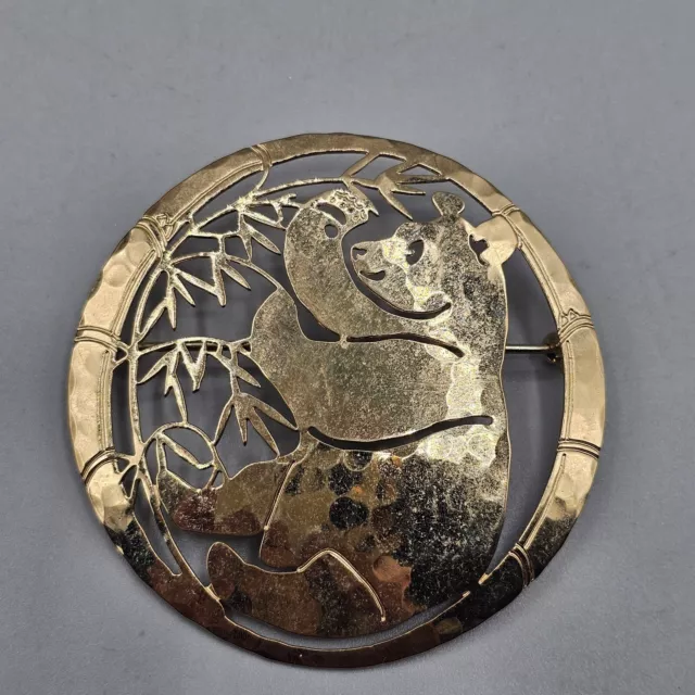 Wild Bryde Signed Panda Bear Brooch Pin Gold Tone Cut Out Hammered Nature