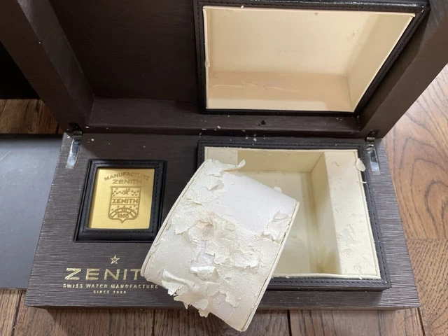 VINTAGE GENUINE ZENITH Brown Black watch box case wood leather ...