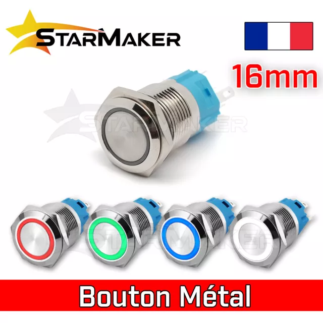 Bouton poussoir momentané métal - 16mm 12-24V - étanche cercle LED Lumineux