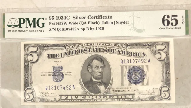 1934C $5 Silver Certificate PMG 65 EPQ Gem Uncirculated Wide Reverse